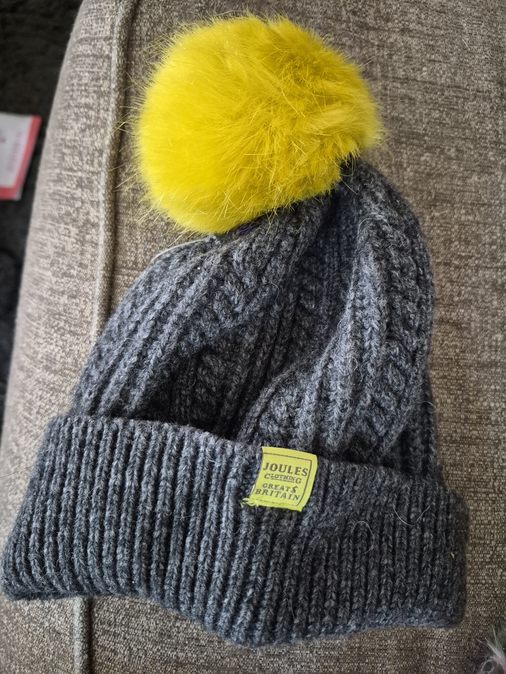 Joules Gray Knit Beanie with Yellow Fur Pom